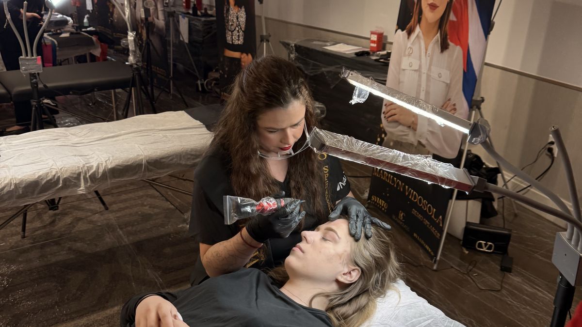 Permanent makeup training session at Prime Beauty — working on a live model